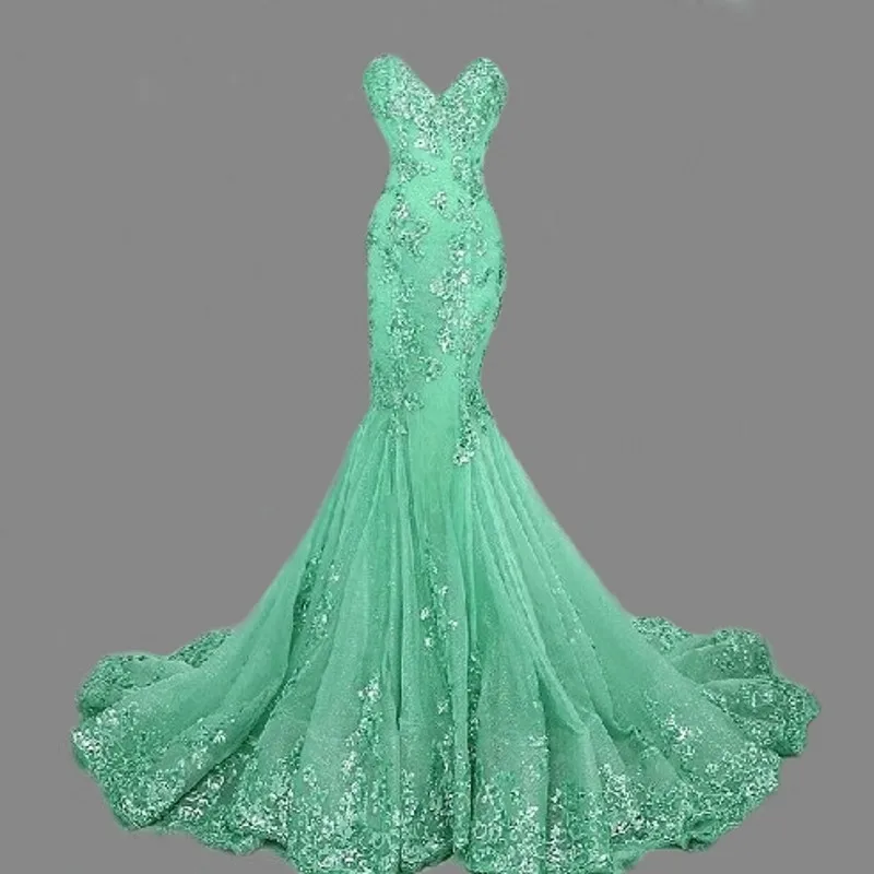 Mermaid Prom Dress Long Women Green Gold Sequined Applique sweetheart