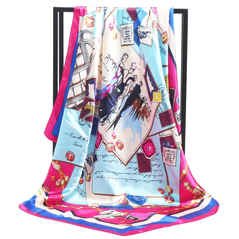 

New Arrival Fashion Women soft satin scarf / postcard Printed quare brand silk scarves 90cm / Gifts Wholesale