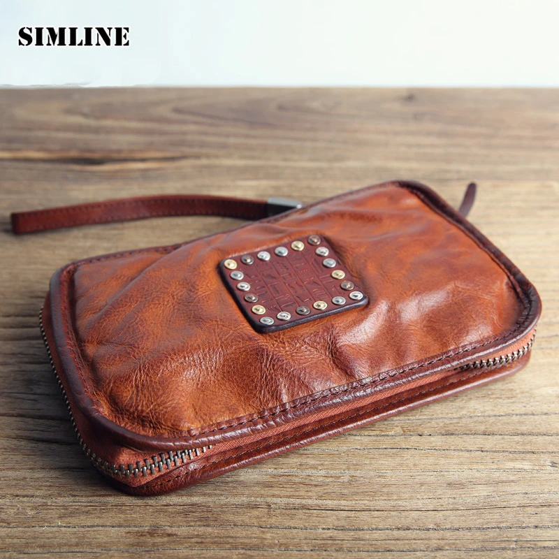 

Luxury Brand Vintage Handmade Genuine Cow Leather Men Wallet Male Long Zipper Purse Phone Wallets Card Holder Clutch Bag Bags