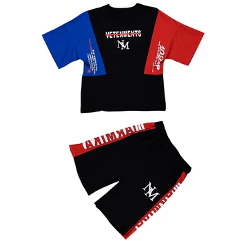 

Big Boy's Fashion Summer Sets Color Patchwork Letters Print Loose Fit T-shirts+Shorts 2PCS Clothing Sets Hip Hop Dancer Sets