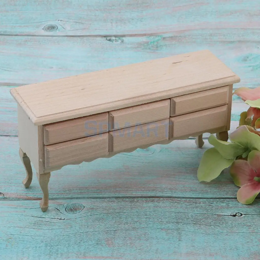 Unpainted 1/12 Dollhouse Miniature Furniture Table Drawers Model and Golden Drawer Pull Room Accessories