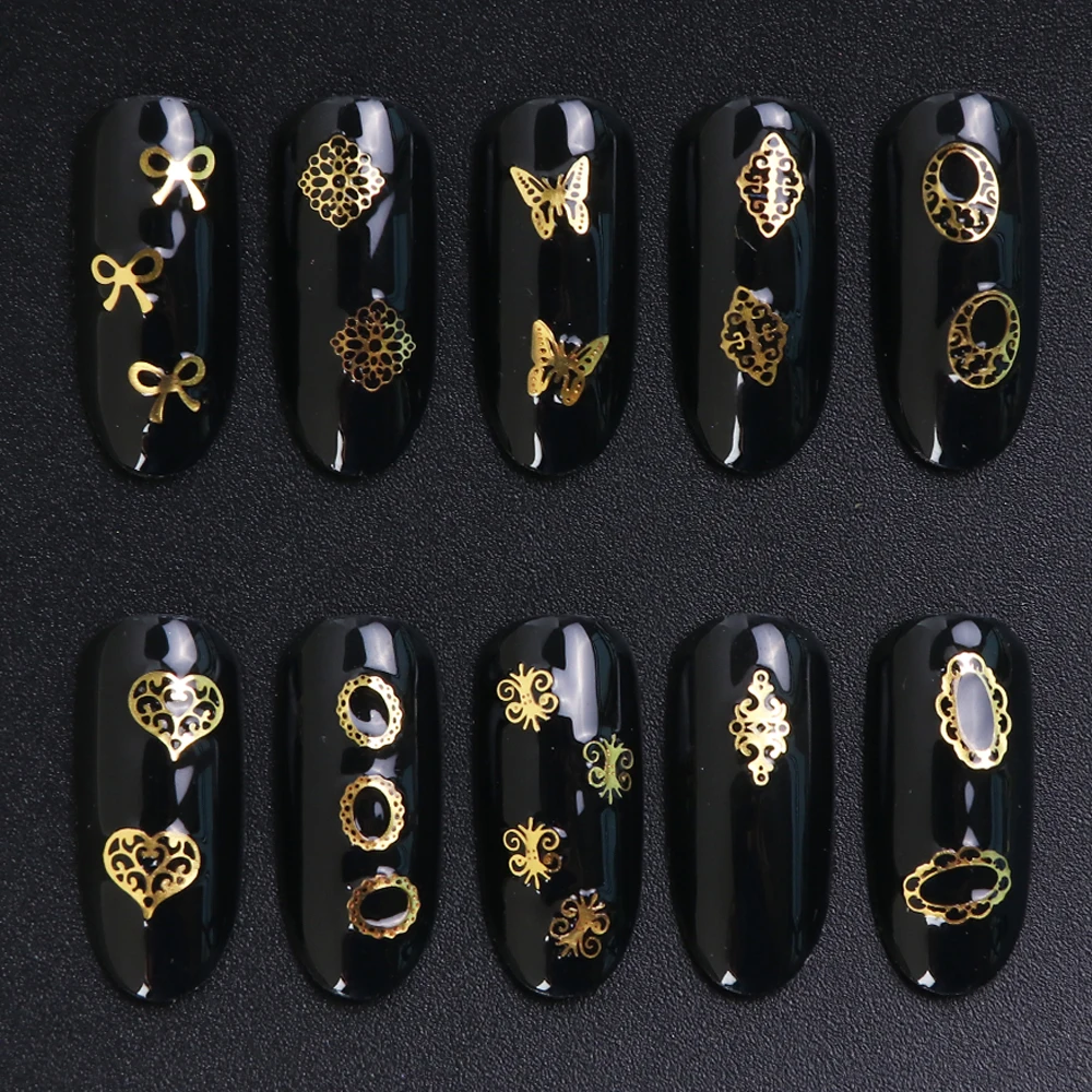 1 коробка полый сплав для дизайна ногтей металлические украшения для ногтей 3D Золотые украшения Подвески Стразы Бабочка венок Овальный бант аксессуары BE967