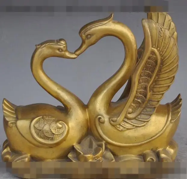 

S00366 8" chinese fengshui brass wealth money coin Goose Swan duck lotus Lovers statue B0403