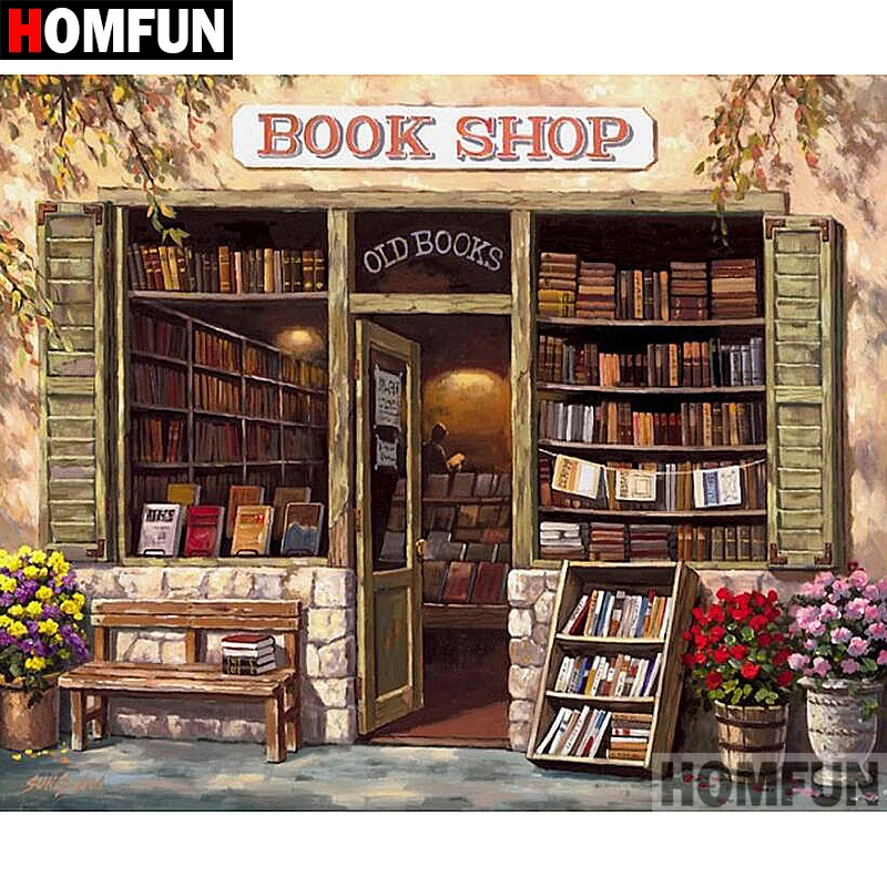 

HOMFUN Full Square/Round Drill 5D DIY Diamond Painting "BOOK SHOP" Embroidery Cross Stitch 5D Home Decor Gift A07618