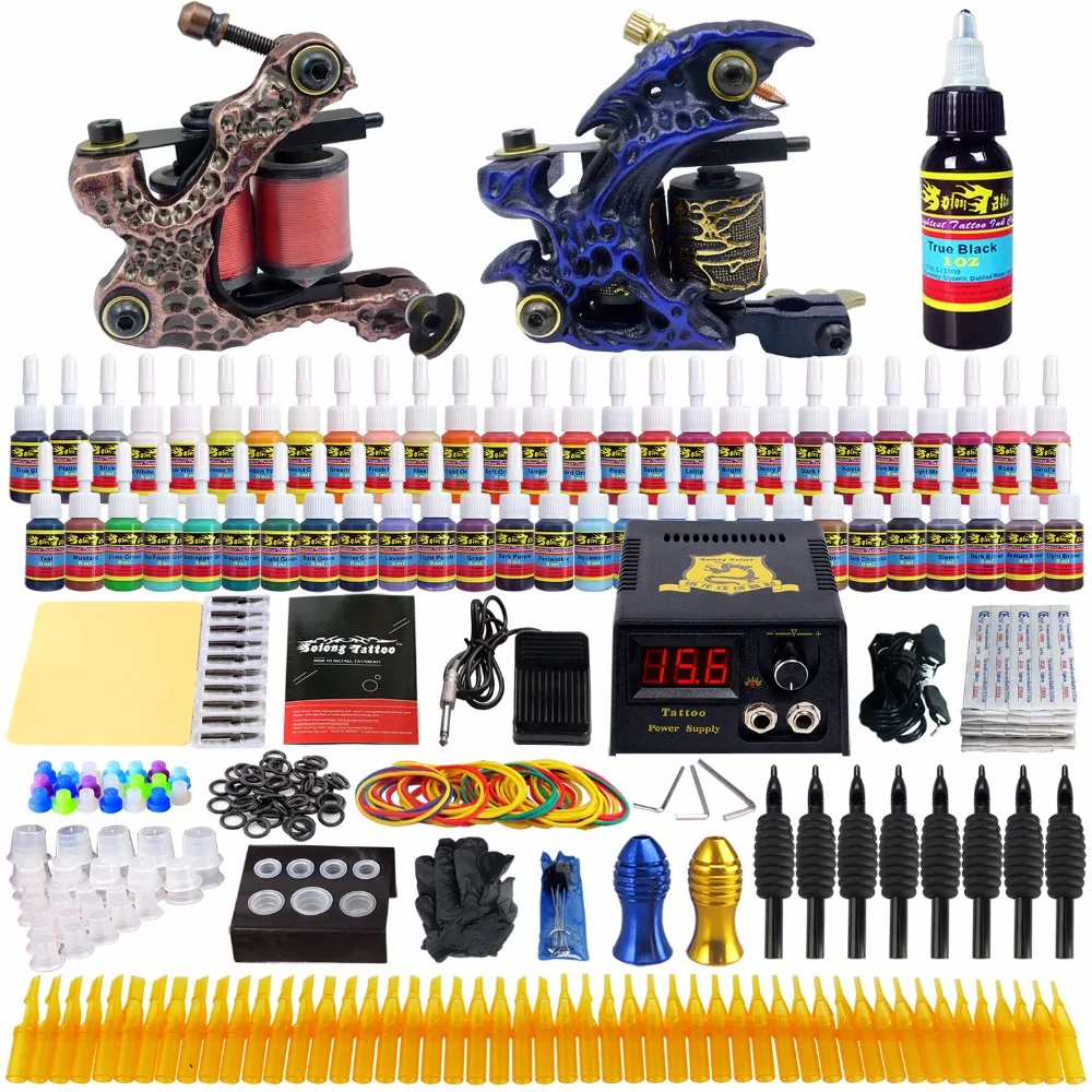 

Solong Tattoo Complete Professional 2 Tattoo Machine Guns Set Tattoo Kit 54 Inks Power Supply Needle Grips power supply TKB01