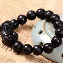 Натуральный обсидиановый Кристалл Черный нефрит бусины браслет китайский дракон Pixiu