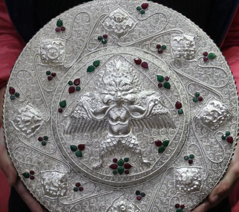 

Tibet Pure Silver Gem Redpoll Winged Garuda Eagle Buddha Thangka Thanka Statue