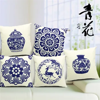 

Decorative Cotton Cushion Cover in Chinese Blue-white Porcelain 43X43Cm 1 Piece Sofa Home Decor Throw Pillow Case Embroidered