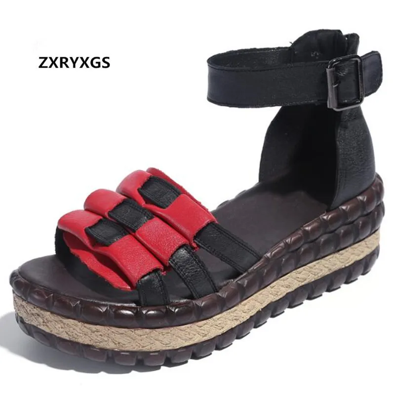 

Hot 2019 New Spell Colors Cowhide Retro Platform Sandals Summer Leather Sandals Wedge Women Sandals Shoes Summer Fashion Sandals