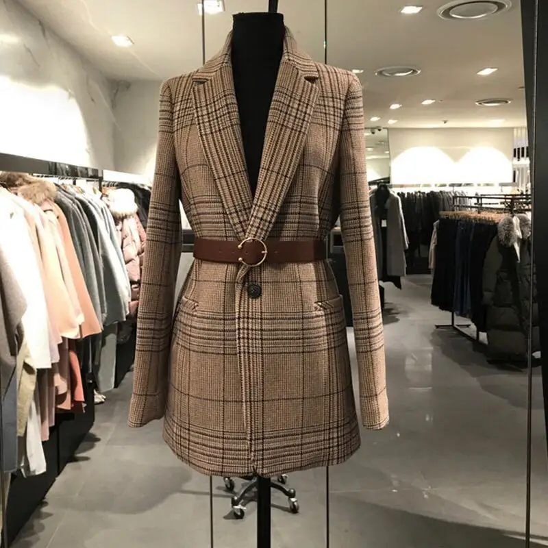 

Suit Loose Coat Woman Autumn Thick Tide Card Lattice Leisure Time Waist To Show Thin England Wind Man's Suit J1904018