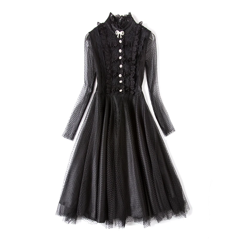 

European and American temperament ladies long dress retro rhinestone mesh self-cultivation lace Lolita dress