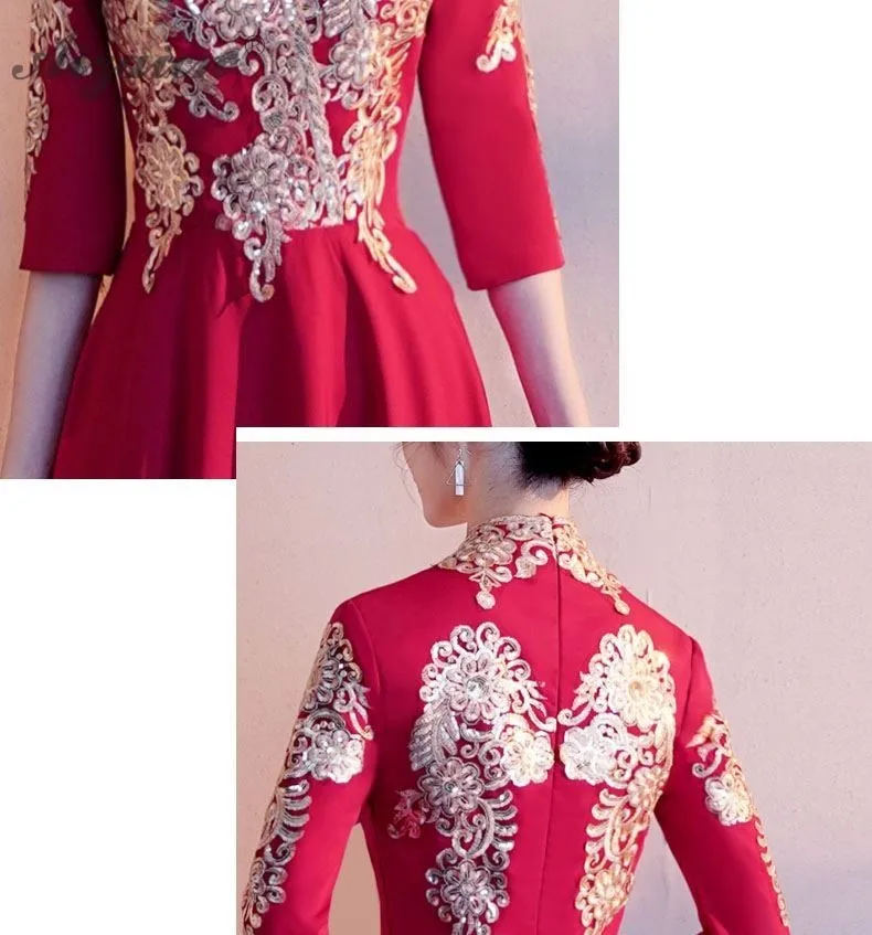 Красное модное китайское традиционное вечернее платье невесты тонкое Cheongsam Длинные платья Qi Pao женское Восточное стильное свадебное