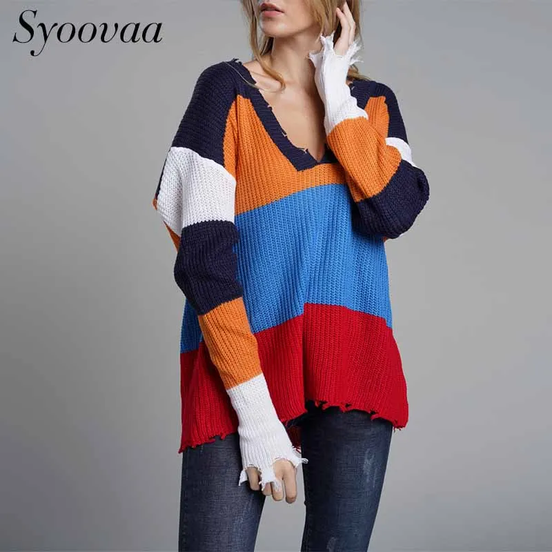 Syoovaa Autumn Winter Sweater Women Long Sleeve V-neck Pullover Knitted 2018 Loose Rainbow Striped Oversized | Женская одежда