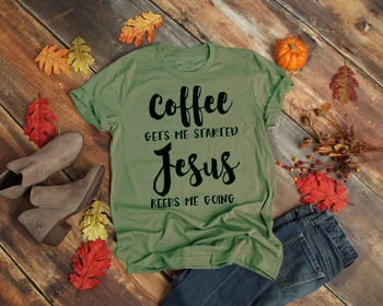 

Coffee Gets Me Started Jesus Slogan T-Shirt Religious Clothes Stylish Cotton Tee Funny Christian Bible verse Grapjic Outfits Top