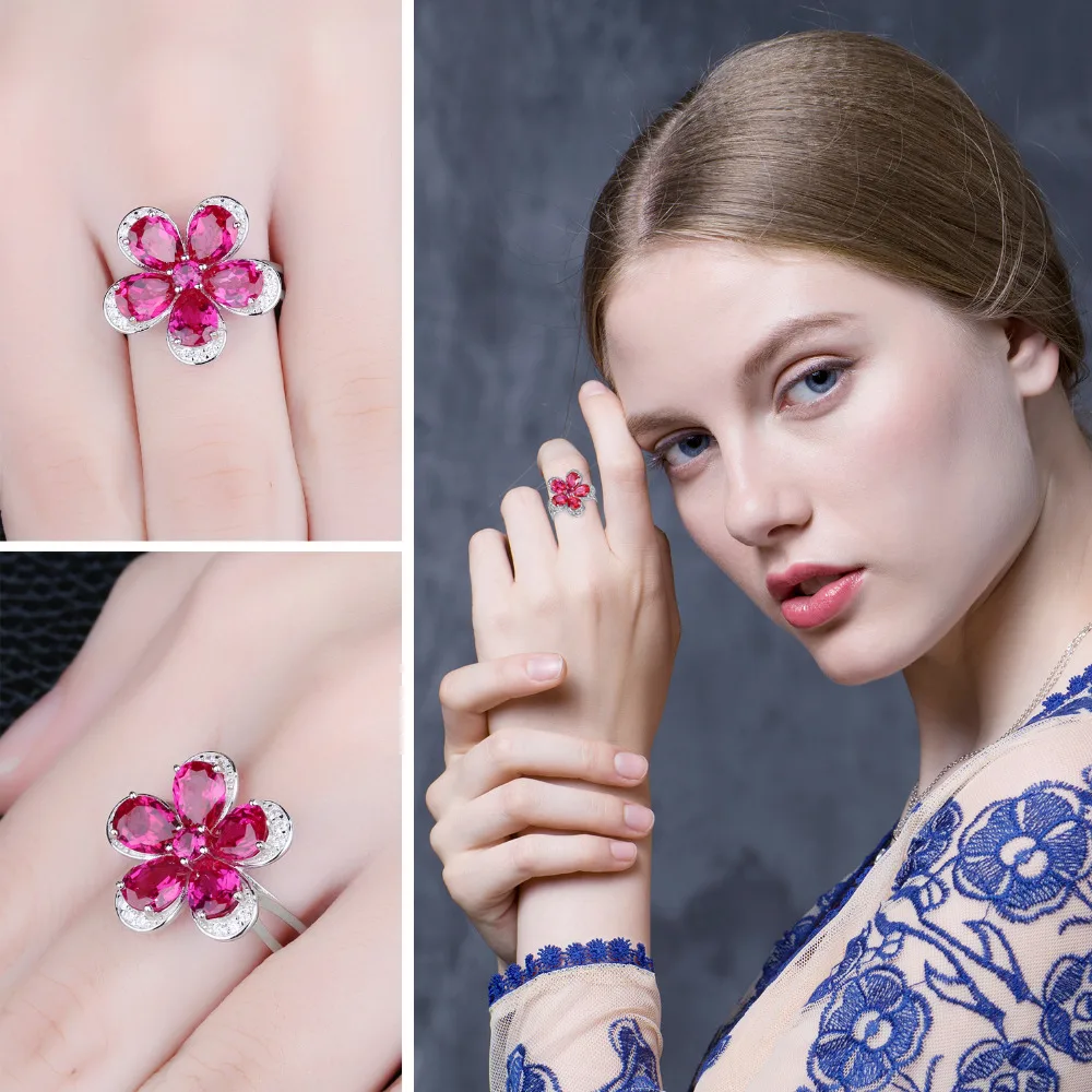 Jewelrypalace цветок 5ct создан красный рубин коктейльное кольцо стерлингового серебра