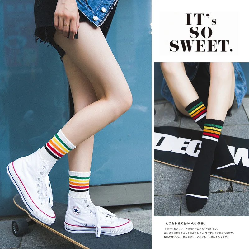 

Muluhu Unisex Rainbow Socks Women Striped Black White Wild Long Cotton Sokken Sock Couple Lovers Meias College Wind Ankle Socks