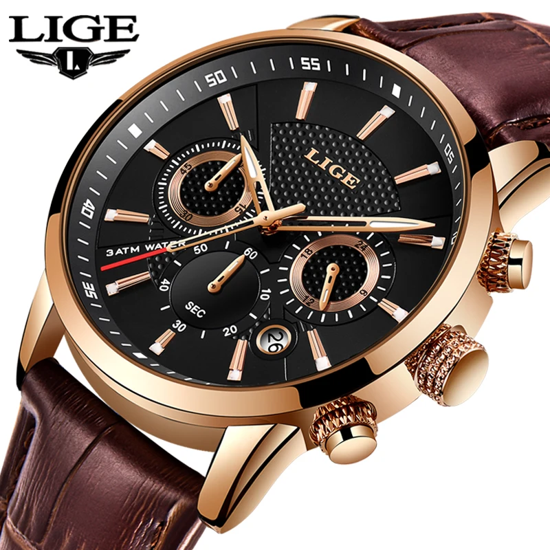 

Men's Military Sport Watch LIGE Top Brand Luxury Quartz Leather Waterproof Wristwatch Relogio Masculino Chronograph Date clock