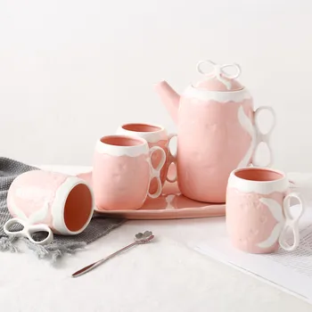 

New!! Japanese Style Bowknot Creamic Teaware Sets China Ceramic Teapot Cups Set Home Water Kettle Sets Cold Water Cups with Tray