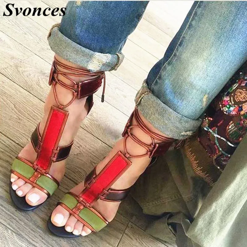 

Sapato Feminino Ladies Dress Shoes Patchwork Cage Sandals Gladiator Lace UP Rihanna Shoes Summer Chunky Heels Sandals For Women