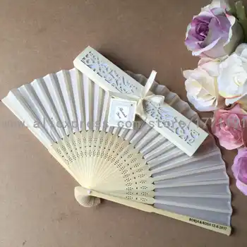 Free shipping 100Sets/Lot Personalized printing name &date Luxurious Silk hand Fan in Elegant Laser-Cut Gift Box as wedding Gift