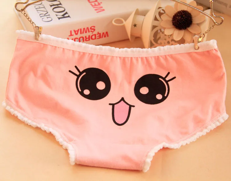 2017 Sale Cute Face Girls Low Waist Panties Female Candy Color Lace Breifs Casual Women Cotton Butt Pads Underwear 10