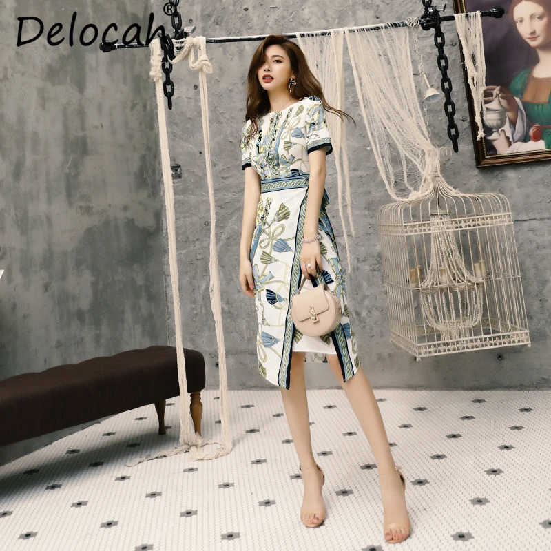 Delocah 2019 Women Spring Summer Dress Runway Fashion Designer Short Sleeve Bow Tie  Asymmetrical Elegant Vintage Vacation Dress