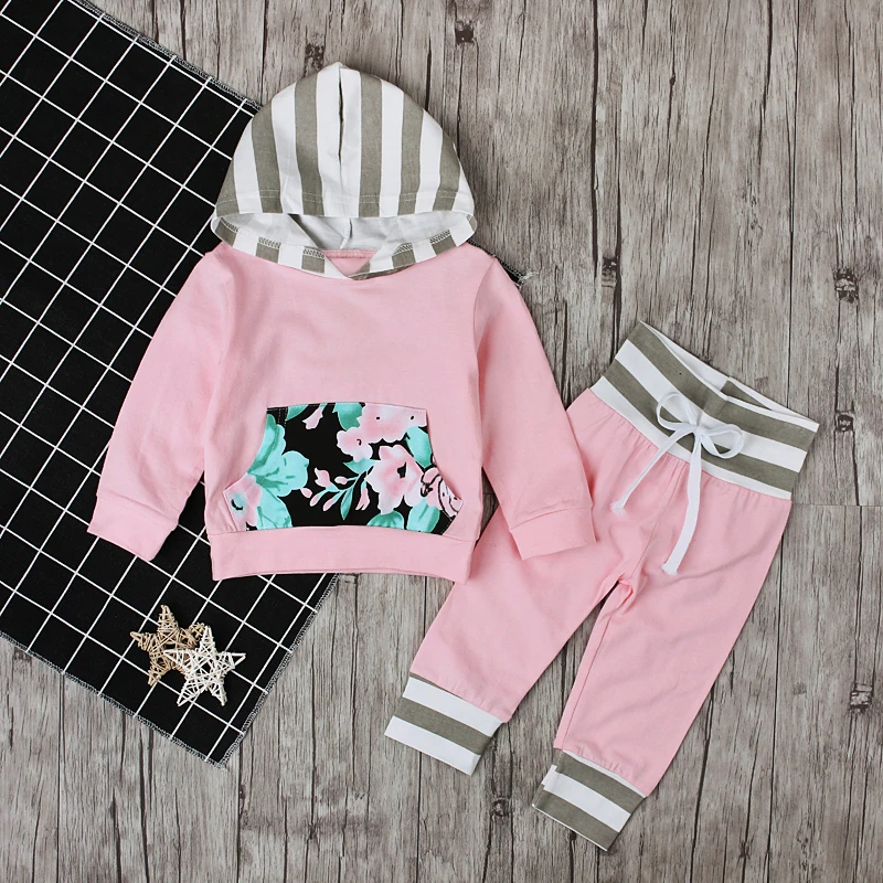 Весенне-осенний комплект одежды для детей, розовый свитер для маленьких девочек хлопковый полосатый комбинезон с капюшоном и розами и карманами для новорожденных девочек