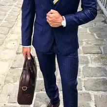 Итальянский Стиль Темно-синие жениха Смокинги для женихов Stripe Slim Fit Мужские Нарядные Костюмы для свадьбы Пользовательские madebusiness человек костюм(куртка+ Брюки для девочек) TERNO