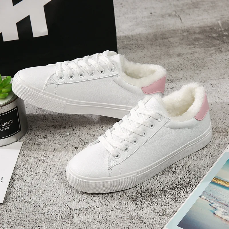 

Women Winter White Shoes Pu Leather Fur Lining Waterproof Lady White Sneakers All Match Basic Style 2018 New Plush Lined 35-40