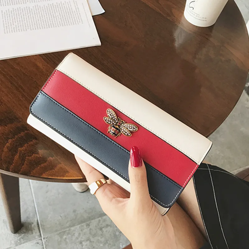 

2019 Fashion Ladies Wallets Genuine Leather BEE Purses Women Wallets Clutch Patchwork Wallet Card Holder Cell Phone Pocket Purse