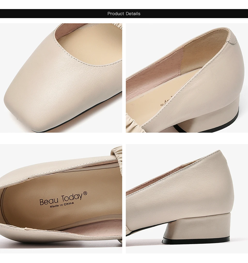 BeauToday/женские туфли-лодочки из телячьей кожи; цвет бежевый; эластичная лента; квадратный носок; Новинка; женская обувь на низком каблуке; ручная работа; 1820796