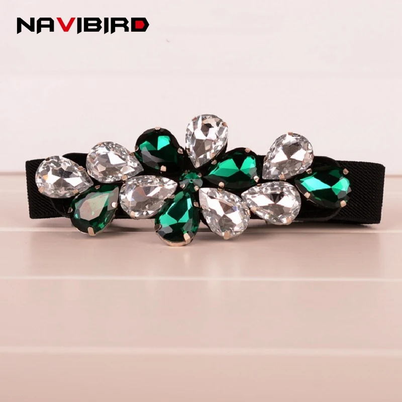

2018 Summer Narrow Waist Elastic Belt For Women Elegant Rhinestone Designer Green Belts For Blouse Dress Corset Waist Strap Reim