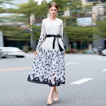 

XF Ink Painting Lotus Gradient Print Vintage Women Dress Summer Round Neck Long Sleeve + Belt High Quality Casual Holiday Dress