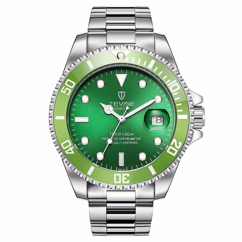 Мужские часы TEVISE кварцевые наручные часы водонепроницаемые спортивные деловые часы с датой Модные Роскошные наручные часы Мужские часы - Цвет: Green