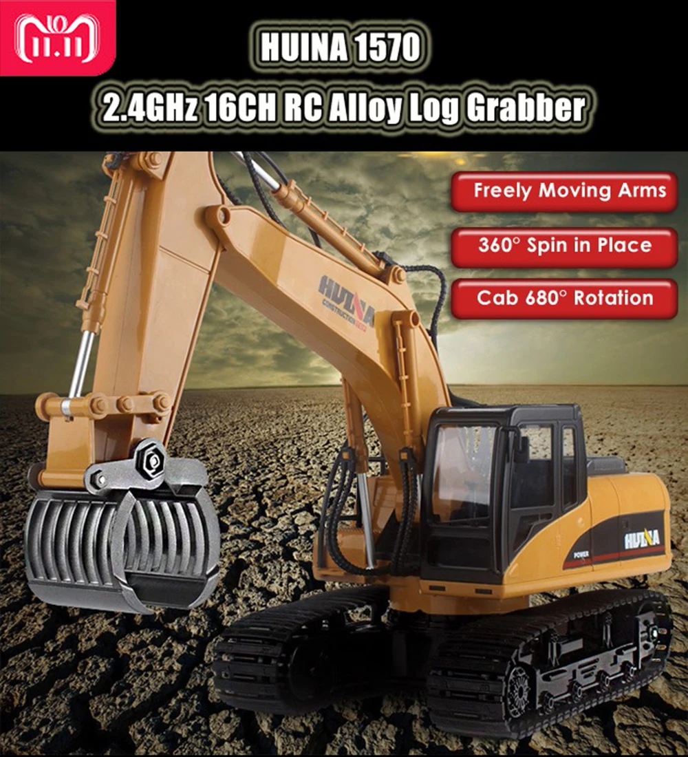 

HuiNa 1570 RC Car 2.4G 1:14 RC Excavator 16 Channels Metal Charging RC Car Model Toys Grabbing Machine Auto Demonstration Cars