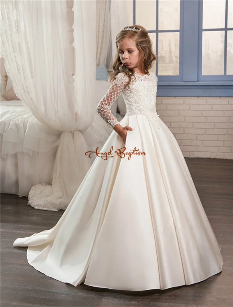 2019 New Princess white ball gown flower girl dresses appliqued satin