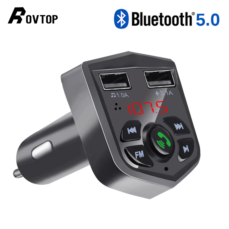

Rovtop Bluetooth 5.0 Car Kit Handsfree Wireless FM Transmitter 3.1A Quick Charge Dual USB Charger LCD TF Card Car MP3 Player