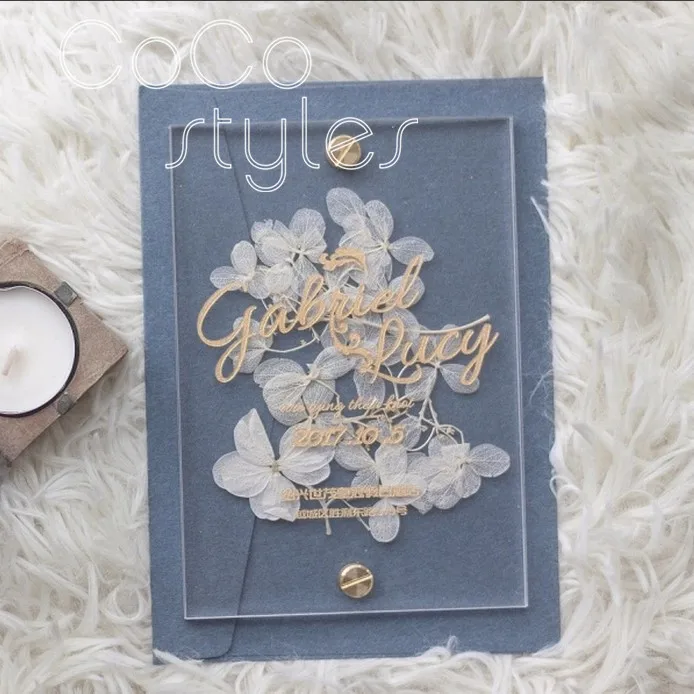  Cocostyles custom personalized clear acrylic invitation card with white foreverflower and engraving - 32869049352