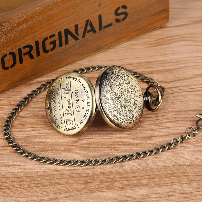 To MY SON Engraved Word  Retro Copper Pocket Watch Men Unique Quartz Clock Chain Boy Birthday Christmas Gift for Kids Boy Men 2019 (4)
