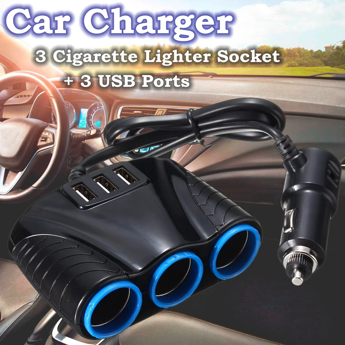 USB 3 Way 3.1A Blue Led Car Cigarette Lighter Socket Splitter Power
