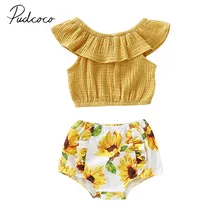 Летняя одежда для малышей Топ с оборками и открытыми плечами для новорожденных девочек, Рубашки+ полипропиленовые трусы шорты с подсолнухами комплекты одежды из 2 предметов для детей 0-24 месяцев