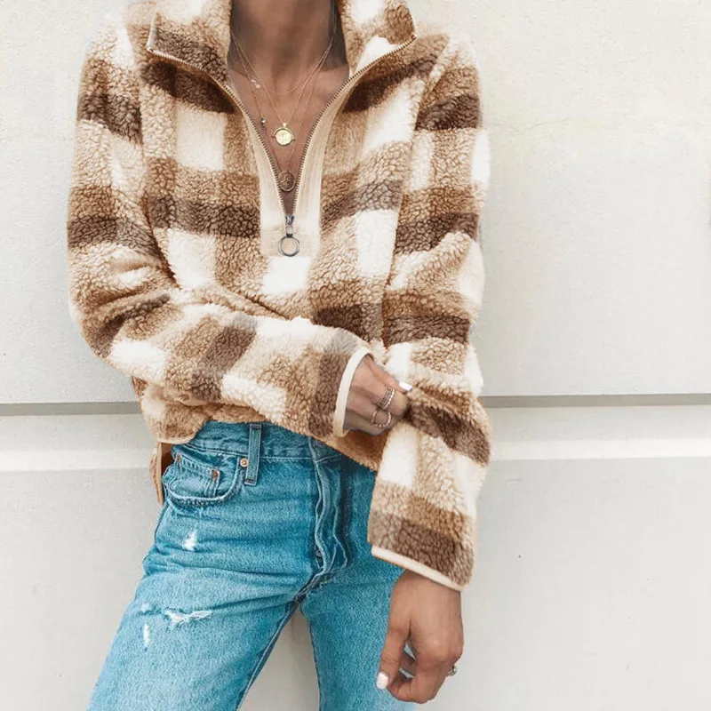 

Large size women's hoodie autumn and winter new fashion plaid hoodie long sleeve high collar zipper casual women's hoodies