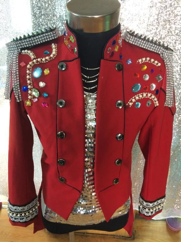 Mode Koniglichen Stil Herren Red Kristall Strass Quaste Epaulet Smoking Anzug Jacke Bar Club Mannlichen Sanger Leistung Kostum Fashion Performance Costume Performance Costumesinger Performance Aliexpress