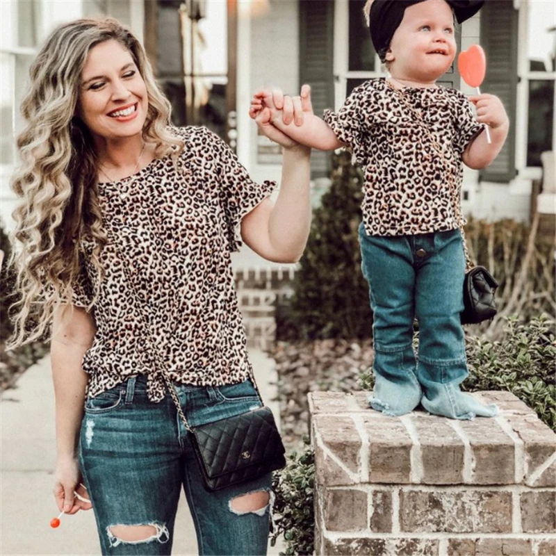 

Summer Family Matching Clothes T shirt Women Son Daughter Mum Tee Tops Kids Baby Girl Boys Casual Leopard Print T Shirt Outfits
