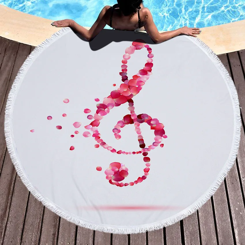 

Music Note Beach Towels for Adults Kids Bath Shower Soft Summer Round Microfiber Towel Yoga Mat Blanket Towel with TasselsToalha