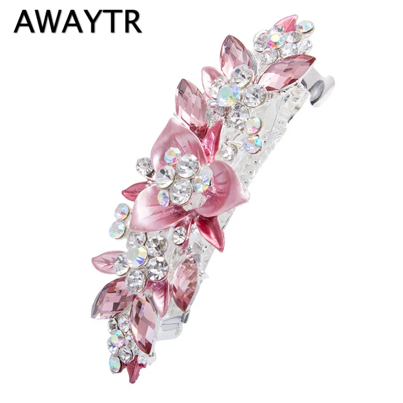 AWAYTR, 1 шт., трендовая заколка, Хрустальный цветок, шпилька, тиара, стразы, заколка для волос для женщин, Свадебные/вечерние аксессуары для волос, подарок - Окраска металла: pink