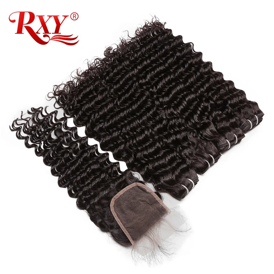 Brazilian Deep Wave Bundles With Closure 3 Bundles Human Hair Weave Bundles With Closure RXY 4x4 Lace Closure Remy Hair 4PcsLot (2)