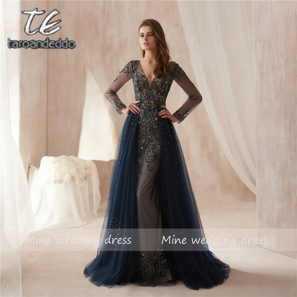 

New Arrival Black Tulle Elegant A-line Long Sleeves Crystals Prom Dresses 2019 Beading Evening Dress with Tulle Skirt