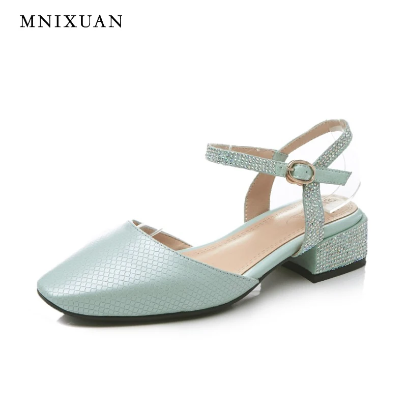 

Genuine leather sandals for women high quality handmade summer medium heels with rhinestones closed vintage shoes big size 10 43
