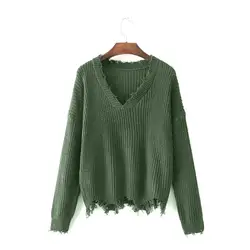 Зимний вязаный свитер Для женщин осень 2017 г. Армейский зеленый пуловер свитер Sexy Глубокий V Средства ухода за кожей шеи джемпер с длинными